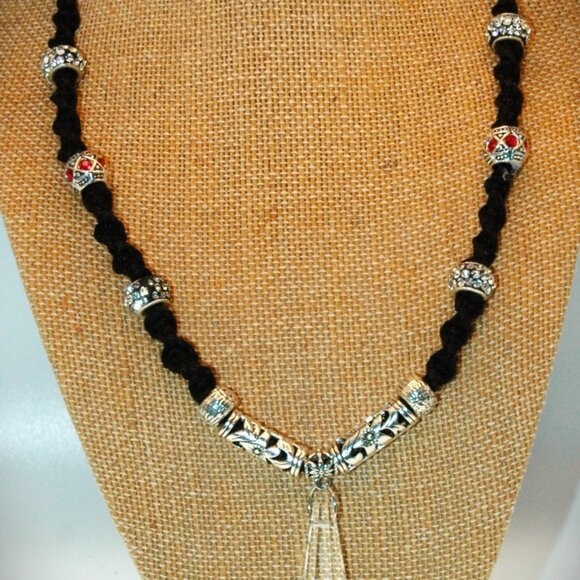 Clear Prism with Red & Clear Rhinestone Accents on Handmade Black Hemp Chain - Picture 1 of 5